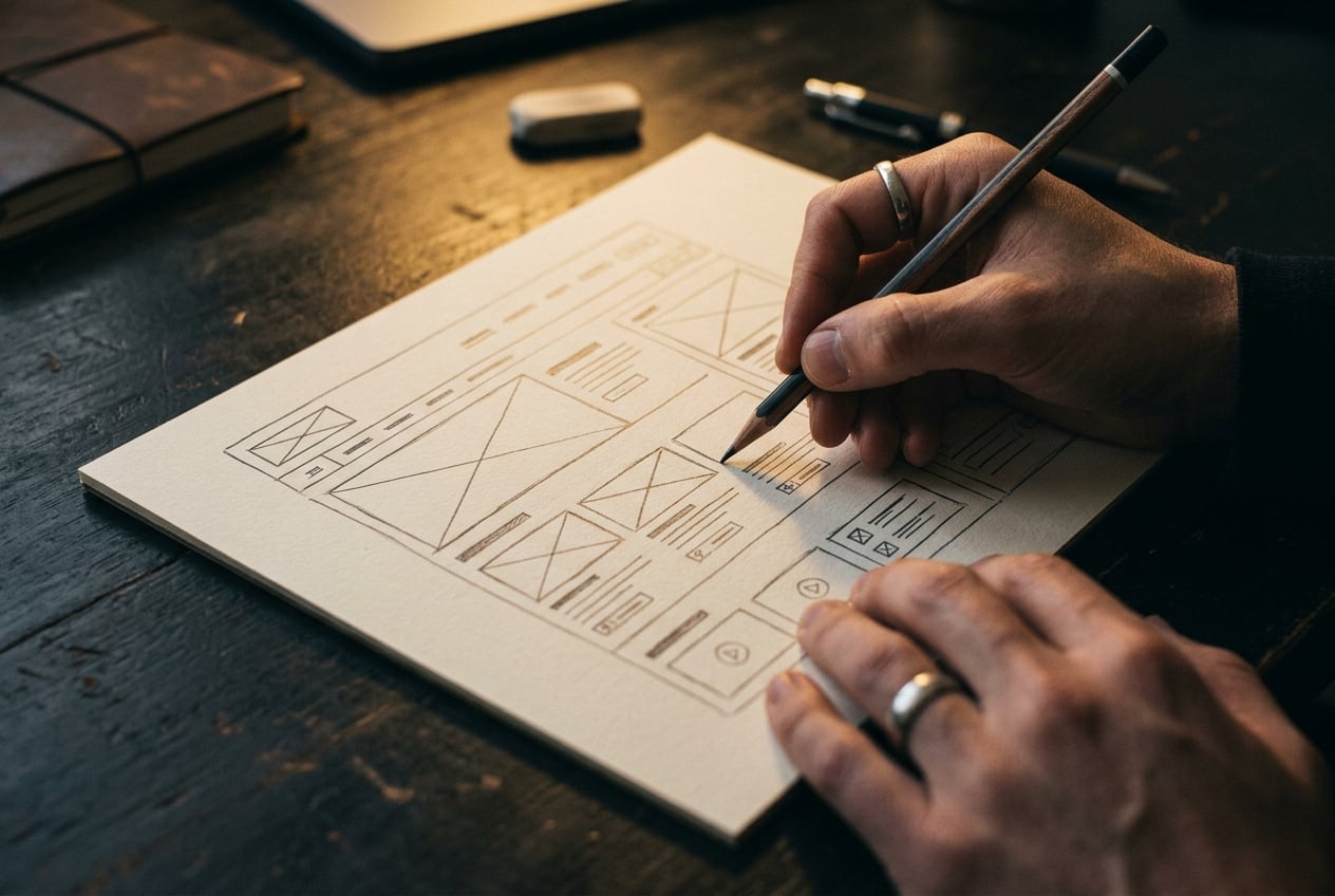Karanlık masada wireframe eskizi üzerinde çalışan eller